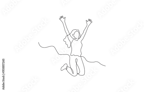 A minimalist line drawing depicts a joyful woman jumping with arms raised in celebration