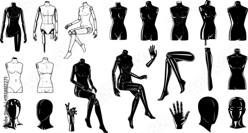 Black and White Line Art Mannequins and Fashion Display Forms Vector Set