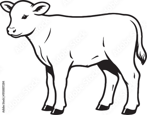 Calf Standing Side View Young Black and White Line Art Farm Animal Illustration