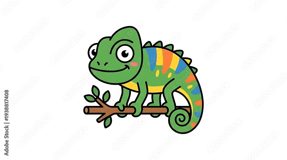 Obraz premium Colorful Cartoon Chameleon on Branch Illustration.