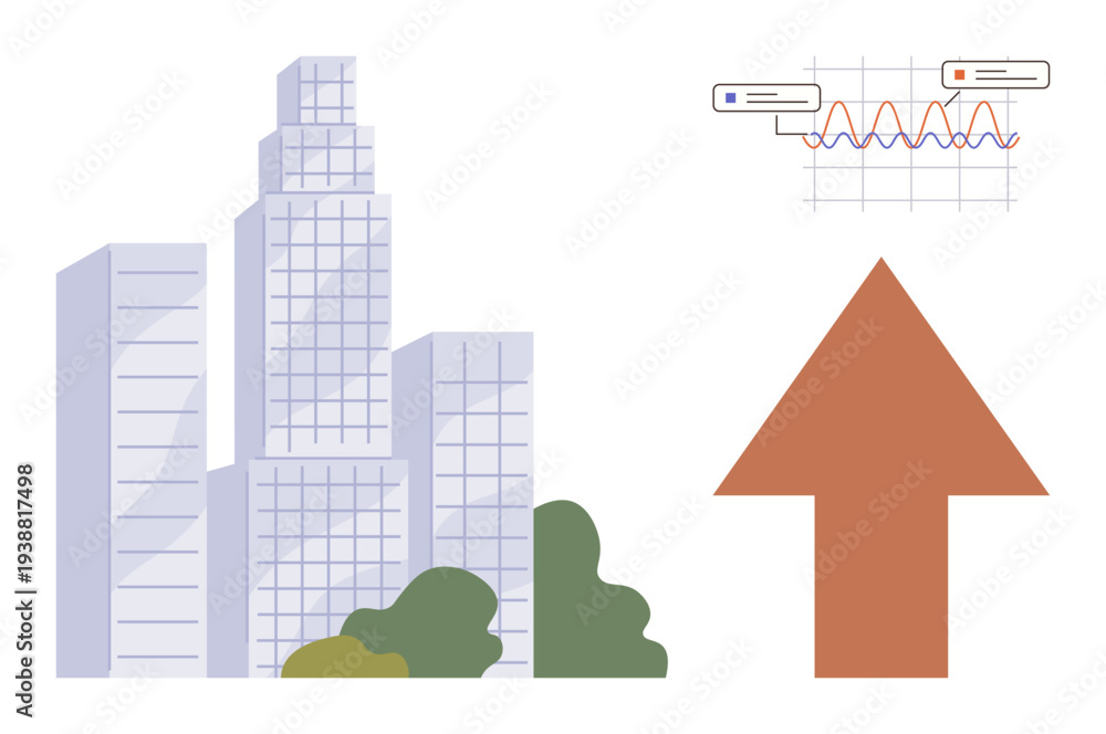 Obraz premium Economic growth, business strategy, data analysis, urban development, corporate success, market trends. City skyscrapers, upward arrow graph chart. Economic growth and business strategy concept