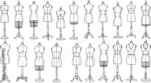 Black and White Line Art of Fashion Mannequins, Sewing, Dress Form, Tailor Dummy, Garment Display