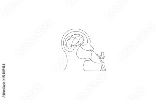A minimalist line drawing depicts a person untangling a complex swirling knot of rope