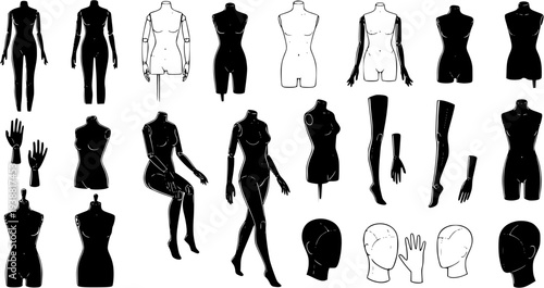 Black and white line art collection of various mannequin body parts for fashion and retail