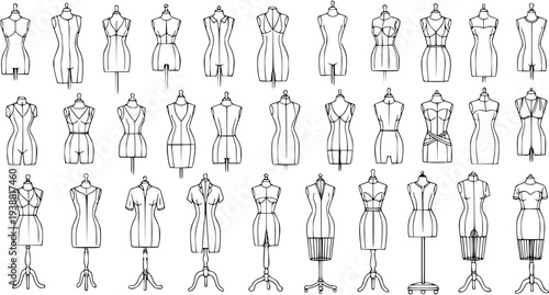 Fashion Design Mannequins and Dress Forms Black and White Line Art Set. Hand-Drawn Tailor Dummies for Apparel Industry, Sewing, Retail, and Sketching.