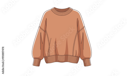A cozy brown knitted sweater with puffed sleeves, elastic cuffs, and ribbed hem, perfect for a casual outfit