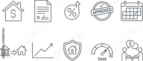 Financial icons set, mortgage, loan, approved, credit, money, business