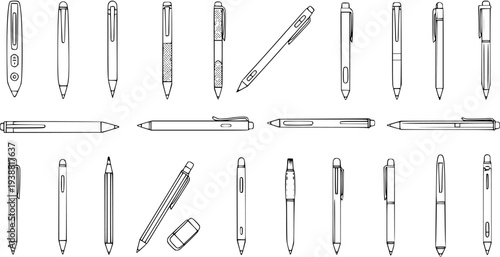 Writing Instruments Collection: Black  White Line Art Outline Icon Set of Pens, Pencils, and Stationery for Office and Education Use.