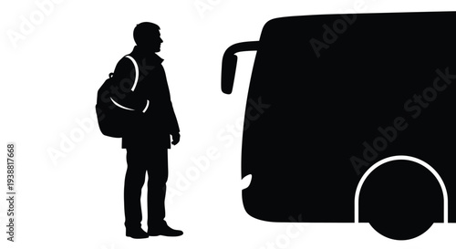 A vector graphic illustration depicting a male traveler with a backpack standing next to a large passenger bus, ready for a journey or departure.