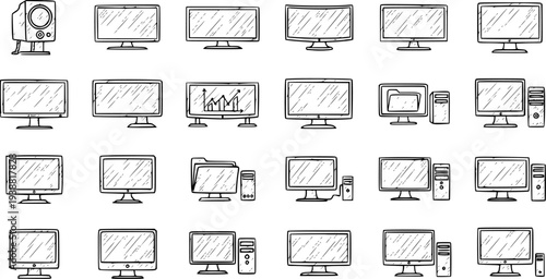 Black and White Line Art Icon Set of Various Computer Monitors and Speakers