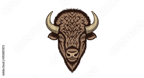 Brown Bison Head with Horns Facing.