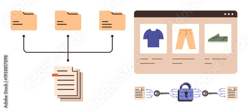 E-commerce, cybersecurity, blockchain, data storage, digital security, online transactions. Visual of file folders, documents and a secure e-commerce interface. E-commerce and cybersecurity concept