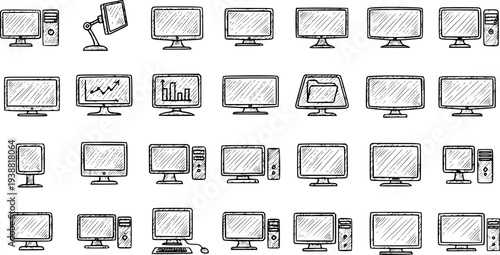 Black and White Line Art Icons of Computer Monitors and Desktops, Technology and Gadgets