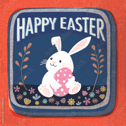 Happy Easter greeting card, poster, label or banner hand drawn illustrated retro style transparency and overlap from risograph defect printing on old roneo paper square background.