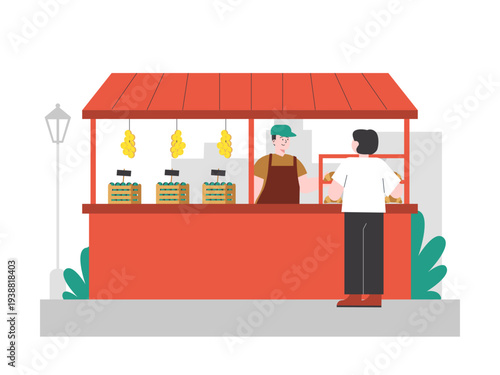 A street food vendor stand featuring a shopkeeper serving a customer. Asian street food illustrations. Flat vector concept.