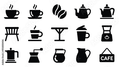 Bundle of coffee cafe silhouettes arranged on white background for design