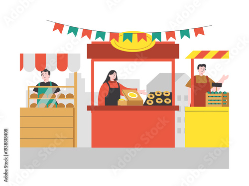 A bustling street food market filled with vendors selling various goods to customers. Asian street food illustrations. Flat vector concept.