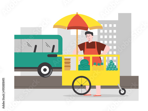 A street vendor selling various fruits like pineapple and watermelon from a yellow cart. Asian street food illustrations. Flat vector concept.