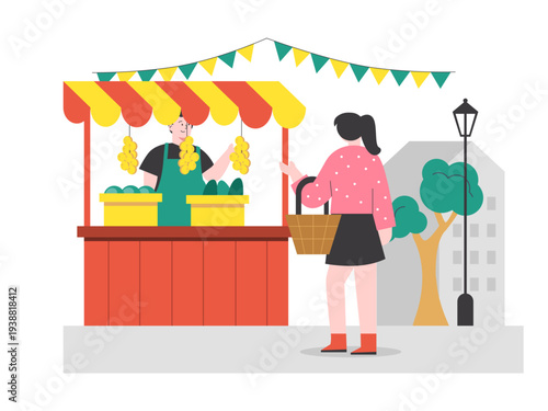A vendor stands behind a food stall with a colorful striped tent, while buyers hold woven baskets and are selecting goods. Asian street food illustrations. Flat vector concept.