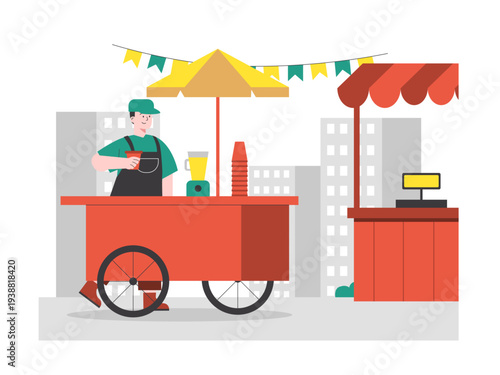 A man preparing food or drinks at a stand with an umbrella and string bunting. Asian street food illustrations. Flat vector concept.