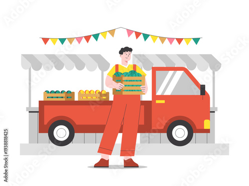 A man selling fresh fruits and vegetables from a red food truck or pickup. Asian street food illustrations. Flat vector concept.