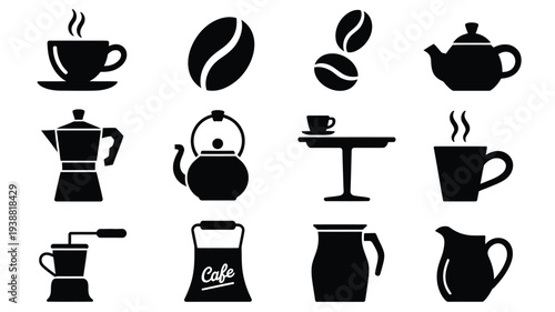 Silhouette bundle of coffee and tea items arranged on a white background for cafe branding
