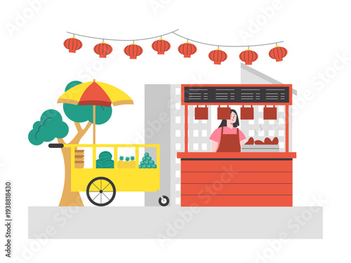 A vendor at a stall cooks food under a decorative red lantern, next to him is a cart filled with fruits and vegetables. Asian street food illustrations. Flat vector concept.