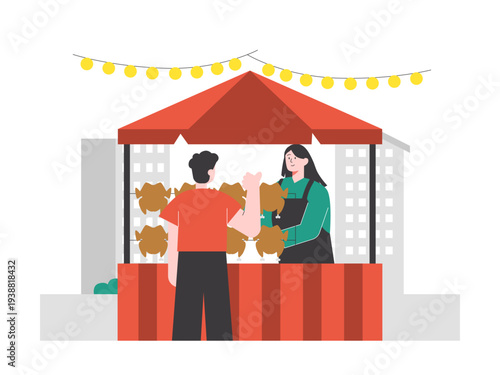 A street food stall, likely featuring a vendor selling roasted or grilled chicken to a customer. Asian street food illustrations. Flat vector concept.