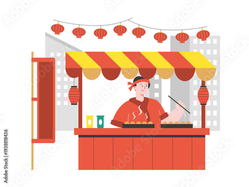A vibrant Asian street food stall with a vendor cooking. Asian street food illustrations. Flat vector concept.