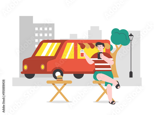 A person sitting on a stool, looking at their phone, with a small table featuring a burger and a drink cup in front of them. Asian street food illustrations. Flat vector concept.