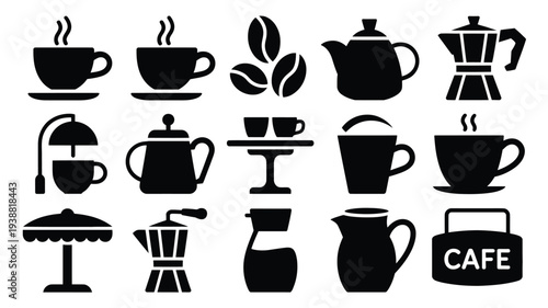 Bundle of coffee and cafe silhouettes arranged on white background with various cup and teapot designs