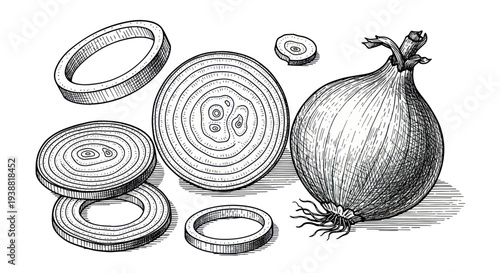 Hand drawn sketch of whole onion and sliced onion rings.