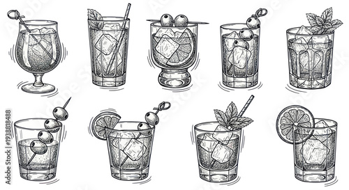 Hand drawn sketch set of various alcoholic cocktails and drinks in different glasses.