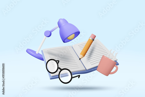 3D vector illustration of floating open book with purple desk lamp yellow pencil black glasses and pink coffee cup on blue background. Concept for studying reading education writing banner template.