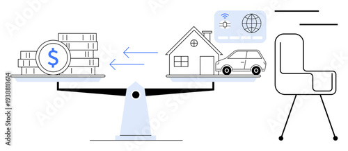 Stack of coins and money balancing against a home, car, and digital network. Ideal for finance, investment, economy, resource management, real estate budgeting decision-making. Simple flat metaphor