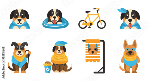 Flat minimal vector artwork featuring pet care routine icons such as walking a dog, a feeding bowl, and a toy ball, with vibrant colors and a white background.