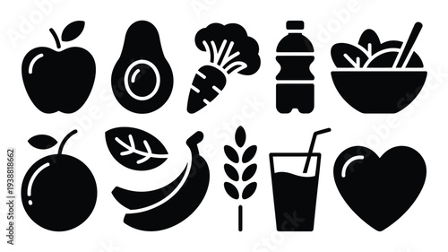 Healthy food icons set including fruit vegetables and drink silhouettes for nutrition and wellness design