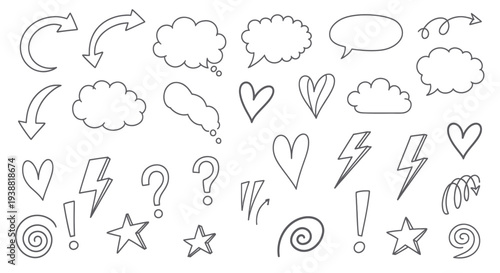 Hand-drawn doodle set of arrows, speech bubbles, hearts, lightning bolts, question marks, exclamation points, stars, and spirals.