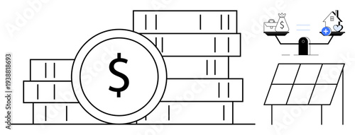 Renewable energy concept. Renewable energy systems thumbs up solar panels linked with financial investment and balance. Renewable solutions contribute to sustainability. For energy, finance
