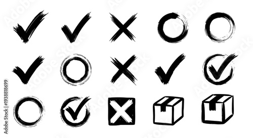 Hand-drawn grunge check marks, crosses, and circles for various purposes.