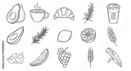 Hand-drawn sketch collection of various breakfast and healthy food items.