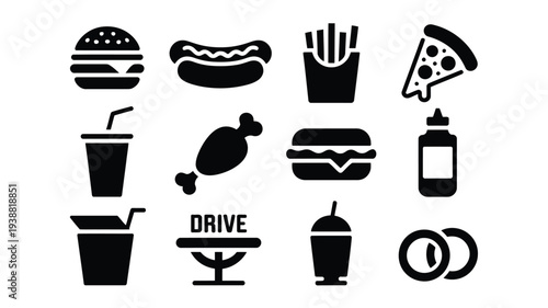Fast food silhouette logo bundle with burger hot dog fries pizza drink and drive thru icons arranged