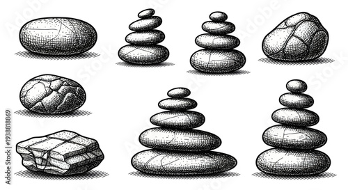 Hand-drawn sketch collection of balanced zen stones and individual rocks.