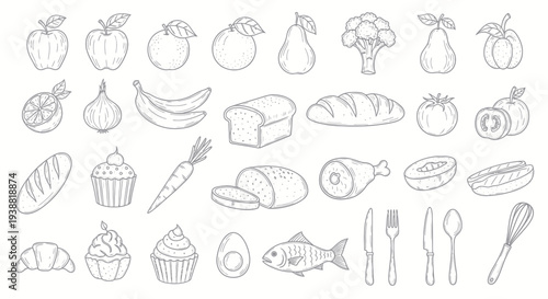 Hand-drawn sketch collection of various food items and kitchen utensils.