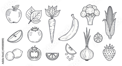 Hand-drawn sketch collection of various fresh fruits and vegetables.
