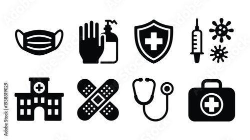 Medical protection and healthcare icons set including masks gloves shield syringe germs hospital band aid stethoscope and first aid kit on white background for health and safety