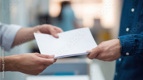 Close up of a man's hands passing a stack of blank white papers or documents to another person in an office environment.