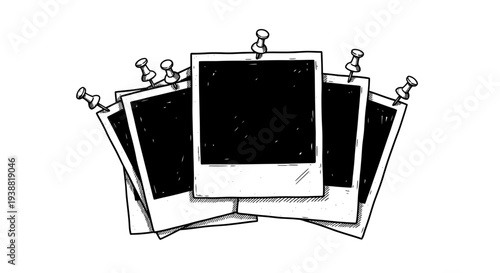 Hand-drawn sketch of multiple instant photo frames pinned to a surface.
