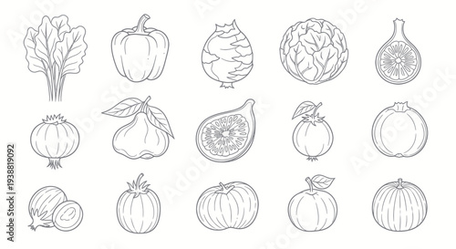 Hand-drawn sketch of various fresh vegetables and fruits, healthy eating concept.
