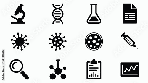 Medical research icons set including microscope dna virus syringe and lab equipment on white background for healthcare and science concepts